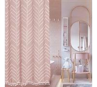 Siiluminisoy Extra Long Pink Boho Shower Curtain With White Tassel, Woven Fabric 84 in, Tufted Chevron Striped, 72 x 84, Modern Chic Textured Minimalist Cute for Bathroom