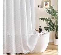 Siiluminisoy Extra Long White Boho Chevron Shower Curtain with Tassel, Woven Fabric, Tufted Striped, 96" L x 72" W, Modern Chic Textured Minimalist Bathroom Decor