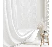 Siiluminisoy Extra Long White Boho Shower Curtain Woven Fabric Cute 84 Inch Shower Curtain, 72 x 84 Tufted Leaves Textured Striped Modern Farmhouse Minimalist Cloth for Bathroom