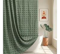 Siiluminisoy Green Boho Shower Curtain Woven Fabric Cute Shower Curtain, 72 x 72 Tufted Pleat Floral Puffs Textured Modern Farmhouse Minimalist Shower Curtain Set with Hooks for Bathroom