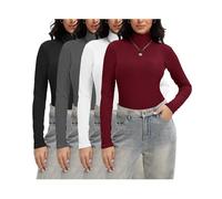 Siimcuzy 1/4 Pack Women's Ribbed Turtleneck Long Sleeve Shirts Basic Tops Fitted Stretch Sweater, 1 Black 1 Heather Grey 1 White 1 Wine, M