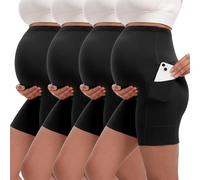 Siimcuzy 4 Pack Women's Maternity Wear Yoga Biker Shorts with Pockets Over The Belly Pregnancy Workout Running Active Short Pants, 4 Black, XL