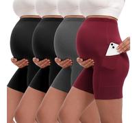Siimcuzy 4 Pack Women's Maternity Yoga Biker Shorts with Pockets Over The Belly Pregnancy Workout Running Active Short Pants, 2 Black 1 Heather Grey 1 Wine, M