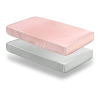 SiinvdaBZX 2 Pcs Satin Mini Crib Sheets 38 x 24In, Silky Soft Mini Portable Crib Sheets Mattress Cover Portable Playard Sheets with 5In Deep Pocket, Great for Baby Hair (Light Grey & Pink)