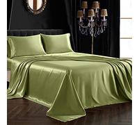 SiinvdaBZX 3Pcs Satin Single Bed Sheets Set Twin Size Ultra Silky Soft Sage Green Satin with Deep Pocket, 1 Fitted Sheet, 1 Flat Sheet, 1 Envelope Closure Pillowcases