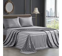 SiinvdaBZX 4-Piece Satin Bed Sheet Set, Striped, Italian Style, Silky, Soft, Grey, Satin, Bed Sheet with Deep Pocket, 1 Fitted Sheet, 1 Flat Sheet, 2 Pillowcases with Hotel Closure