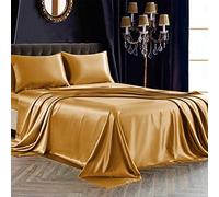 SiinvdaBZX 4Pcs Satin Bedding Sheet Set California King Size Ultra Silky Soft Gold Satin Bed Sheets with Deep Pocket, 1 Fitted Sheet, 1 Flat Sheet, 2 Envelope Closure Pillowcases