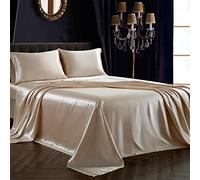 SiinvdaBZX 4Pcs Satin Sheet Set Full Size Ultra Silky Soft Beige Satin Full Bed Sheets with Deep Pocket, 1 Fitted Sheet, 1 Flat Sheet, 2 Envelope Closure Pillowcases