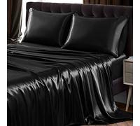 SiinvdaBZX 4Pcs Satin Sheet Set Full Size Ultra Silky Soft Black Satin Full Bed Sheets with Deep Pocket, 1 Fitted Sheet, 1 Flat Sheet, 2 Envelope Closure Pillowcases