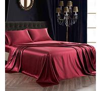 SiinvdaBZX 4Pcs Satin Sheet Set Full Size Ultra Silky Soft Burgundy Satin Full Bed Sheets with Deep Pocket, 1 Fitted Sheet, 1 Flat Sheet, 2 Envelope Closure Pillowcases