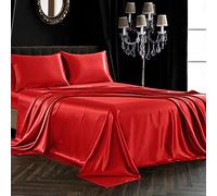 SiinvdaBZX 4Pcs Satin Sheet Set Full Size Ultra Silky Soft Red Orange Satin Full Bed Sheets with Deep Pocket, 1 Fitted Sheet, 1 Flat Sheet, 2 Envelope Closure Pillowcases