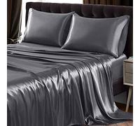 SiinvdaBZX 4Pcs Satin Sheet Set King Size Ultra Silky Soft Grey Satin King Bed Sheets with Deep Pocket, 1 Fitted Sheet, 1 Flat Sheet, 2 Envelope Closure Pillowcases
