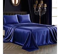 SiinvdaBZX 4Pcs Satin Sheet Set King Size Ultra Silky Soft Navy Blue Satin Bed Sheets with Deep Pocket, 1 Fitted Sheet, 1 Flat Sheet, 2 Envelope Closure Pillowcases