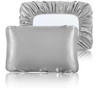 SiinvdaBZX Silver Grey Satin Pillowcase Standard/Queen Size Set of 2, Silky Travel Elastic Band Satin Pillow Case for Hair and Skin, Soft Portable & Fit for Various Pillow