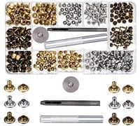 SIISMI 180 Set 2 Size Leather Rivets Double Cap Rivet Tubular with 3 Pieces Fixing Tool for DIY Leathercraft Rivets Replacement, 3 Colors