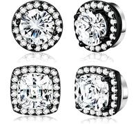 SIISPRI 2 Pairs Magnetic Stud Earrings for Women Men, Non-piercing CZ Halo Studs,Fake Clip On Earring Stainless Steel Hypoallergenic 18K Gold Plated Round Square Diamonique Earrings