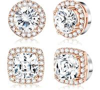 SIISPRI 2 Pairs Magnetic Stud Earrings for Women Men, Non-piercing CZ Halo Studs,Fake Clip On Earring Stainless Steel Hypoallergenic 18K Gold Plated Round Square Diamonique Earrings