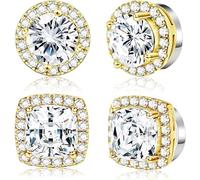 SIISPRI 2 Pairs Magnetic Stud Earrings for Women Men, Non-piercing CZ Halo Studs,Fake Clip On Earring Stainless Steel Hypoallergenic 18K Gold Plated Round Square Diamonique Earrings
