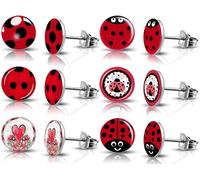SIISPRI 6Pairs Ladybug Women Earrings Set Cute Bug Little Ladybird Earrings Round Circle Button Stud Post Earrings 10MM, S, Stainless Steel, Cubic Zirconia