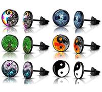 SIISPRI 6Pairs YinYang Mens Earrings Set Hypoallergenic Surgical Stainless Steel Round Circle Button Stud Post Earrings 10MM, Stainless Steel, No Gemstone