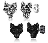 SIISPRI Celtic Wolf Stud Earrings For Men Women Norse Viking Stainless Steel Jewelry,Trendy Animal Earrings Hypoallergenic, Stainless Steel, No Gemstone