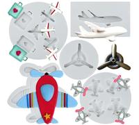 Sijiangmold Airplane Silicone Moulds Airplane Propeller Fondant Mould Travel Luggage Bag Candy Chocolate Moulds for Cake Decoration Cupcake Topper Polymer Clay Gum Paste Set of 5