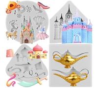 Sijiangmold Aladdin Lamp Silicone Moulds Castle Fondant Mould for Aladdin Myth Theme Cake Decoration Cupcake Topper Chocolate Gum Paste Candy Polymer Clay Set of 4