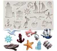 Sijiangmold Anchor Rudder Silicone Moulds Seagull Sailing Boat Fondant Mould Shell Crab Starfish Lobster Moulds for Cake Decoration Chocolate Cupcake Topper Candy Polymer Clay Gum Paste