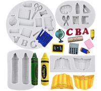 Sijiangmold Back to School Silicone Moulds Crayon Fondant Mould Book Scissor Drawing Palette Globe School Bus Mould for Cake Decoration Chocolate Cupcake Topper Candy Gum Paste Set of 4