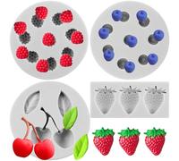 Sijiangmold Blueberry Raspberry Cherry Strawberry Fondant Moulds Berry Series Silicone Mould for Fruit Cake Decoration Cupcake Topper Chocolate Gum Paste Candy Polymer Clay Set of 4