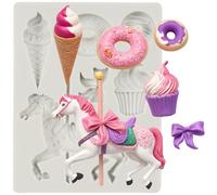 Sijiangmold Carousel Horse Silicone Fondant Mould Merry-Go-Round Ice Cream Doughnut Chocolate Moulds for Amusement Park Cake Decoration Cupcake Topper Candy Polymer Clay Gum Paste