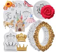 Sijiangmold Cinderella Themed Fondant Mould Picture Frame Silicone Moulds Castle Crystal Shoes Carriage Crown Mould for Cake Decoration Chocolate Cupcake Topper Polymer Clay Gum Paste Set of 4