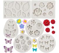 Sijiangmold Flower Fondant Cake Silicone Mold Flower Butterfly Candy Molds Rose Leaf Bow Chocolate Molds For Cupcake Topper Cake Decorating Candy Polymer Clay Gum Paste Set Of 6