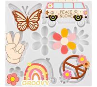 Sijiangmold Groovy Peace Sign Silicone Moulds Bus Rainbow Fondant Mould Butterfly Flower Moulds for Peace Love Party Cake Decoration Chocolate Candy Polymer Clay Gum Paste