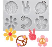 Sijiangmold Groovy Silicone Molds Daisy Rainbows Fondant Mould Peace Sign Peace Flower for Groovy Party Cake Decoration Chocolate Cupcake Topper Candy Polymer Clay Gum Paste