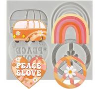 Sijiangmold Groovy Silicone Moulds with Peace Sign Buses Rainbow Fondant Mould for Peace Love Party Cake Decoration Chocolate Cupcake Topper Candy Polymer Clay Gum Paste