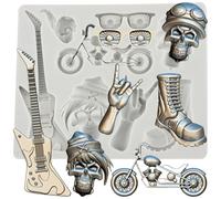 Sijiangmold Hip Hop Silicone Moulds Guitar Fondant Mould Motorcycle Glasses Pirate Skull Chocolate Mould for Cake Decoration Cupcake Topper Candy Polymer Clay Gum Paste