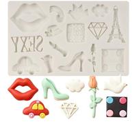 Sijiangmold I Love Paris Fondant Mould Eiffel Tower Lips Lipstick Diamond High Heel Shoe Silicone Moulds for Cake Decoration Chocolate Cupcake Topper Candy Polymer Clay Gum Paste