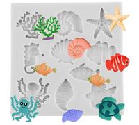 Sijiangmold Marine Theme Cake Fondant Mould Seashell Conch Seahorse Starfish Turtle Fish Silicone Moulds for Cake Decoration Chocolate Cupcake Topper Candy Polymer Clay Gum Paste
