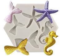 Sijiangmold Mermaid Tail Mould Seahorse Silicone Mould Starfish Fondant Mould for Sea Themes Cake Decoration Chocolate Cupcake Topper Candy Polymer Clay Gum Paste