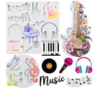 Sijiangmold Music Theme Fondant Mould Musical Note Piano Microphone Silicone Moulds Guitar Candy Chocolate Mould for Cake Decoration Cupcake Topper Polymer Clay Gum Paste Set of 3