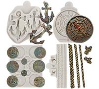 Sijiangmold Pirate Silicone Molds Anchor Rope Fondant Mold Compass Chocolate Mold Treasure Coins Candy Mold For Cake Decorating Chocolate Polymer Clay Gum Paste Cupcake Topper Set Of 4