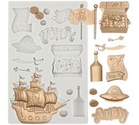 Sijiangmold Pirate Silicone Moulds Treasure Coins Fondant Mould Treasure Chest Pirate Ship Flag Map Moulds for Cake Decoration Chocolate Cupcake Topper Candy Polymer Clay Gum Paste