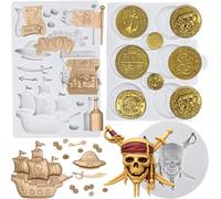 Sijiangmold Pirate Silicone Moulds Treasure Coins Fondant Mould Treasure Chest Skull Pirate Ship Flag Map Moulds for Cake Decoration Chocolate Cupcake Topper Candy Polymer Clay Gum Paste Set of 3