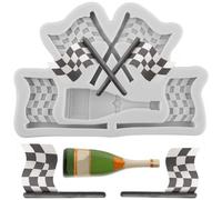 Sijiangmold Racing Car Flag Silicone Moulds Champagne Bottle Fondant Mould for Cake Decoration Chocolate Cupcake Topper Candy Polymer Clay Gum Paste
