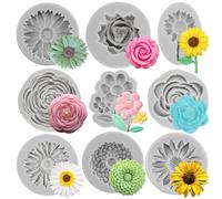 Sijiangmold Rose Flower Silicone Molds Daisy Chrysanthemum Silicone Molds Small Flower Fondant Cake Chocolate Molds For Cupcake Topper Cake Decorating Chocolate Candy Polymer Clay Gum Paste Set Of 9