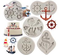 Sijiangmold Sailing Ship Theme Silicone Mold Anchor Rudder Fondant Molds Seagull Sailing Boat Hook Sea Waves Molds For Chocolate Candy Cake Decorating Gum Paste Polymer Clay Set Of 4