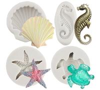 Sijiangmold Sea Turtle Silicone Molds Seashell Starfish Seahorse Fondant Mold Tortoise Chocolate Candy Molds For Cake Decorating Cupcake Topper Gum Paste Polymer Clay Set Of 4