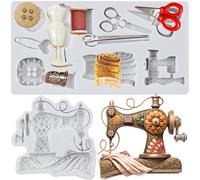 Sijiangmold Sewing Tools Silicone Moulds Sewing Machine Fondant Mould Scissors Button Sewing Designer Clothes Moulds for Cake Decoration Chocolate Cupcake Topper Candy Polymer Clay Gum Paste Set of 2