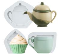 Sijiangmold Teapot Silicone Moulds Tea Cup Fondant Mould Cupcake Moulds for Tea Party Cake Decoration Chocolate Cupcake Topper Candy Polymer Clay Gum Paste Set of 3